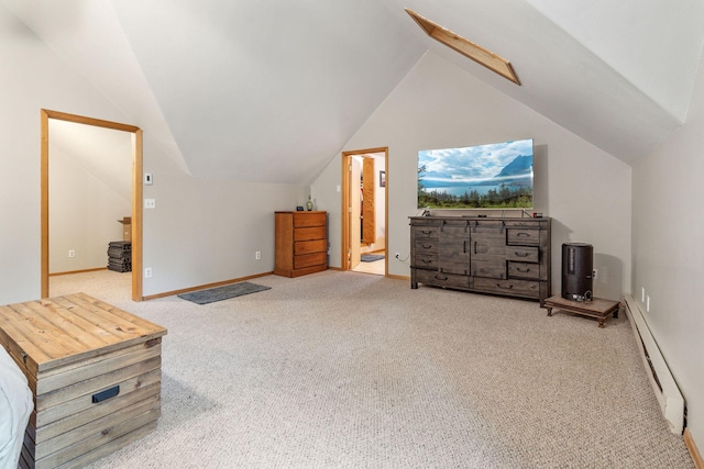 bonus room featuring baseboard heating, light colored carpet, and vaulted ceiling