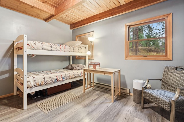 bedroom featuring wood ceiling, light wood-type flooring, beamed ceiling, and baseboard heating