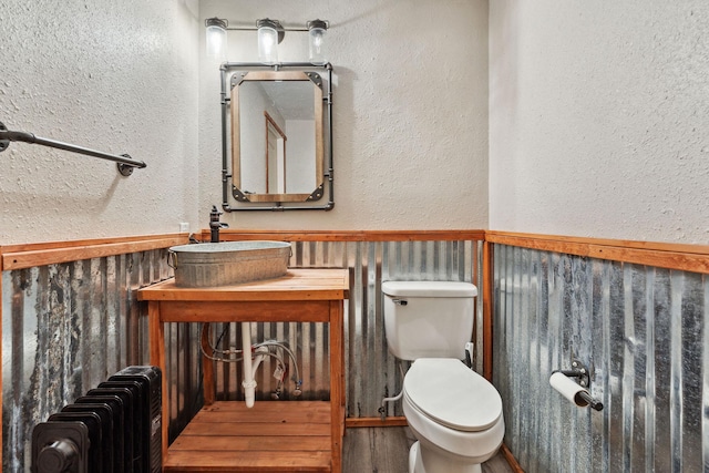 bathroom featuring radiator heating unit, toilet, and vanity