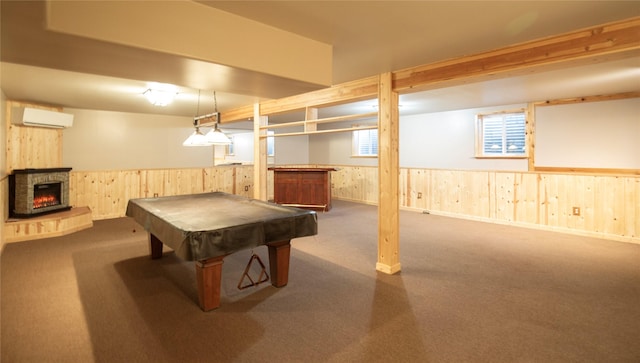 game room with dark carpet, pool table, and a wall mounted AC