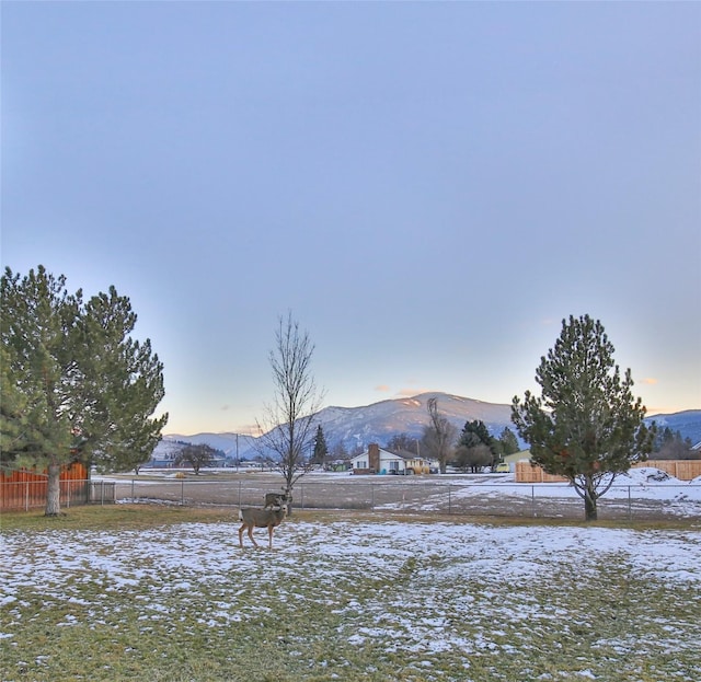 yard covered in snow with a mountain view and a rural view