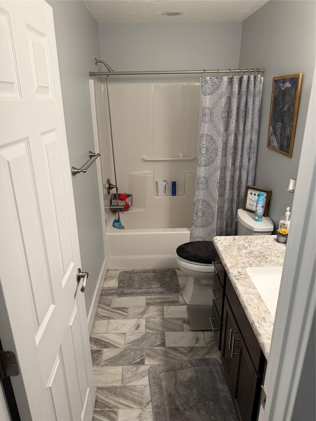 full bathroom with vanity, toilet, and shower / bathtub combination with curtain