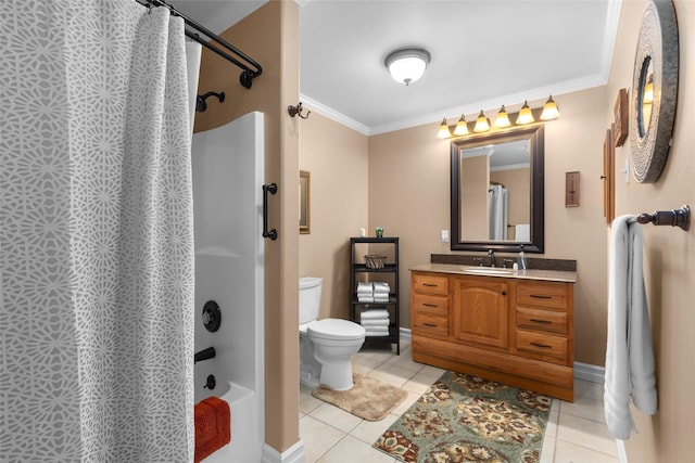 full bathroom with toilet, ornamental molding, vanity, shower / bath combination with curtain, and tile patterned flooring