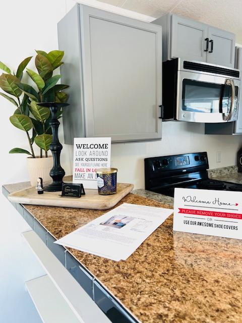 kitchen with black / electric stove and gray cabinets