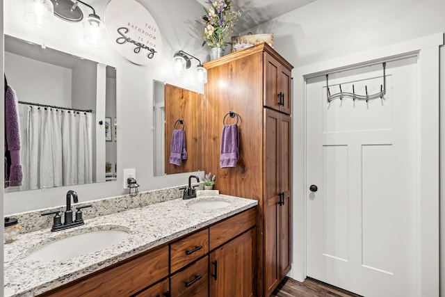 bathroom featuring hardwood / wood-style flooring and vanity