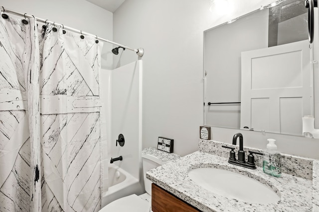 full bathroom featuring vanity, shower / tub combo with curtain, and toilet