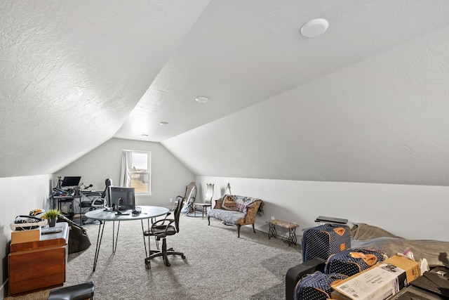 office with lofted ceiling, carpet floors, and a textured ceiling