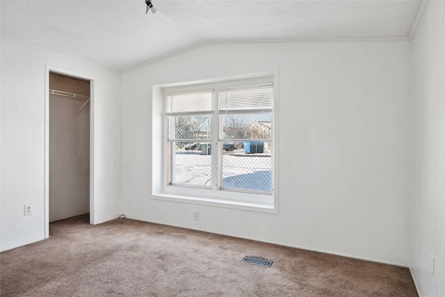 unfurnished bedroom with carpet flooring, vaulted ceiling, and a closet