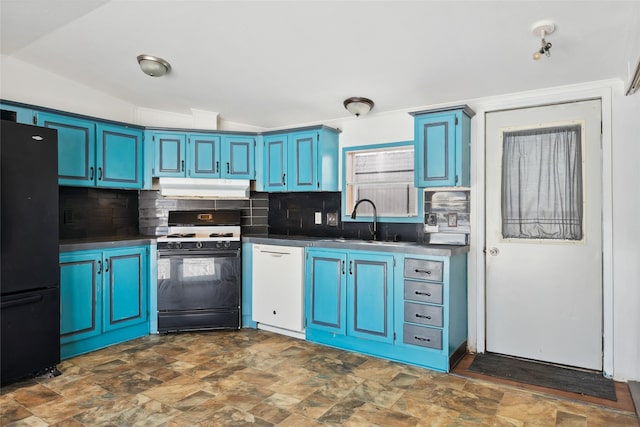 kitchen with blue cabinets, sink, black fridge, gas range, and dishwasher