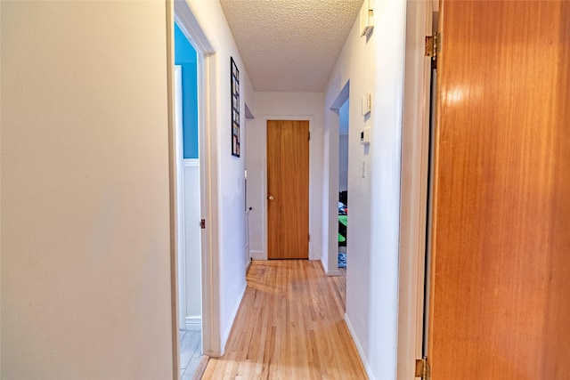 hallway with a textured ceiling and light hardwood / wood-style flooring