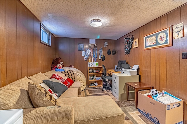 carpeted home office with wooden walls