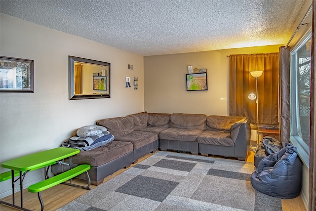 living room featuring a textured ceiling