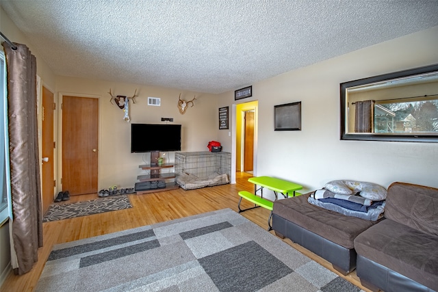 living room with hardwood / wood-style floors and a textured ceiling