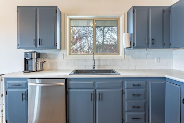 kitchen with stainless steel dishwasher, sink, decorative backsplash, and gray cabinetry