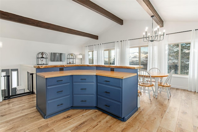 kitchen with a center island, blue cabinetry, and light hardwood / wood-style floors