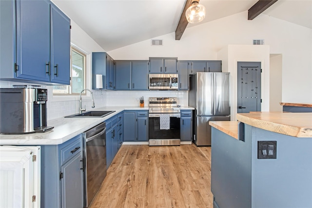 137 Cascade St, Lolo, MT 59847 - kitchen featuring stainless steel appliances, a sink, blue cabinets, and light wood-style flooring