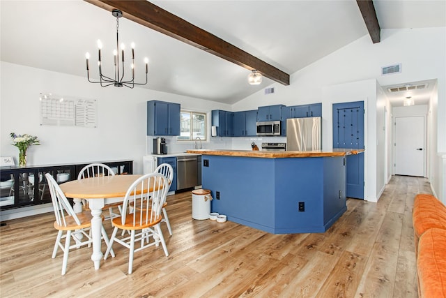 kitchen with light wood finished floors, visible vents, vaulted ceiling with beams, stainless steel appliances, and blue cabinetry