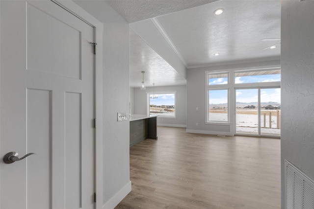 interior space featuring crown molding, a textured ceiling, and light wood-type flooring