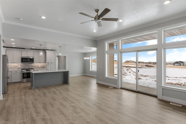 kitchen with pendant lighting, tasteful backsplash, an island with sink, stainless steel appliances, and light hardwood / wood-style flooring