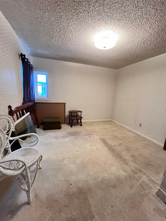 living area with carpet and a textured ceiling