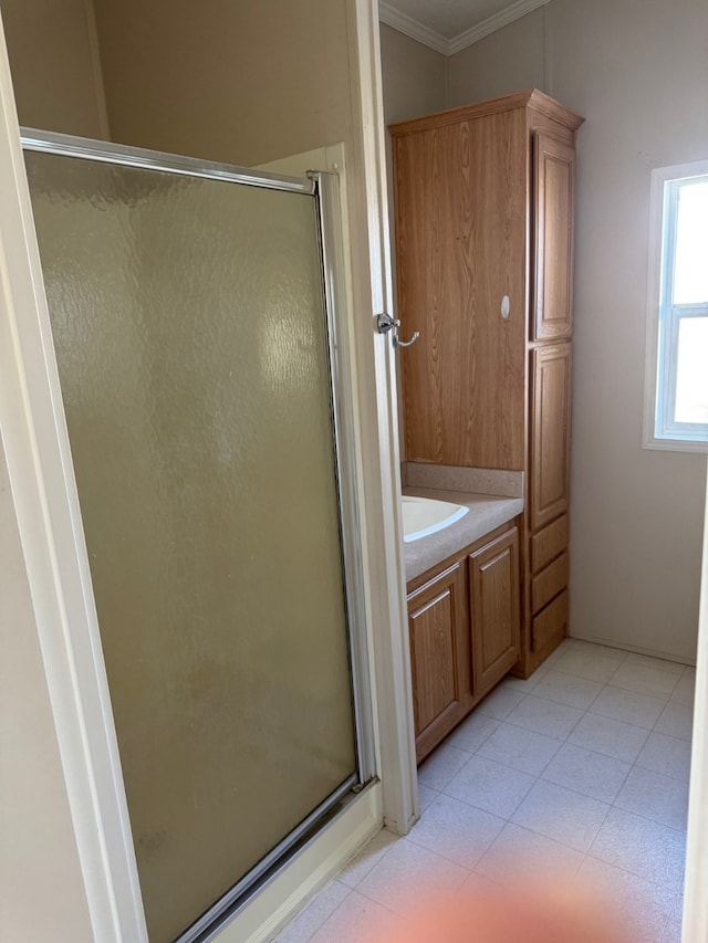 bathroom with a shower with door