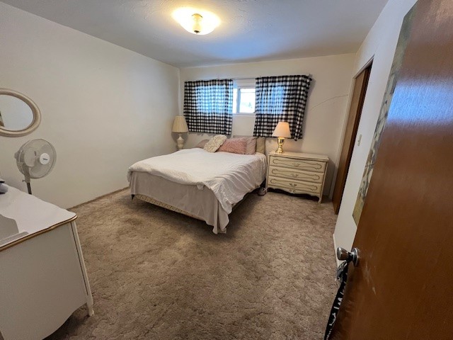 bedroom with light colored carpet