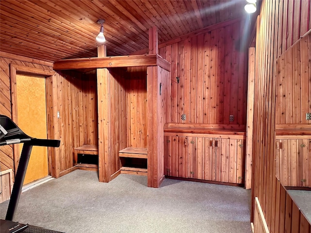 interior space with wood ceiling, wooden walls, and carpet