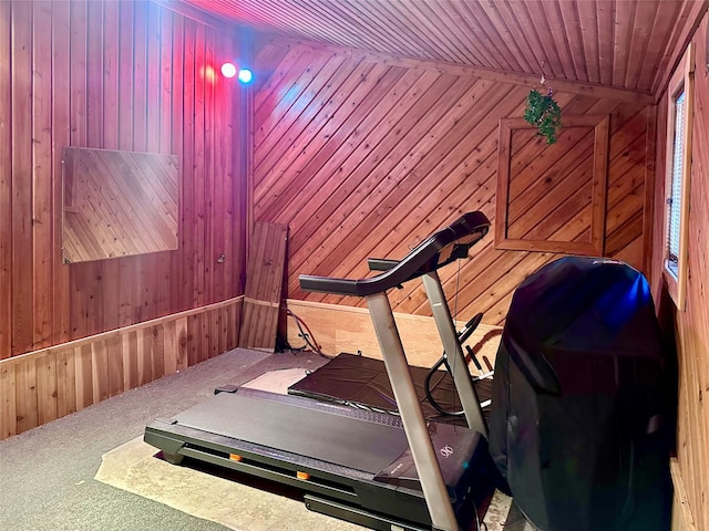 exercise area with carpet and wood walls