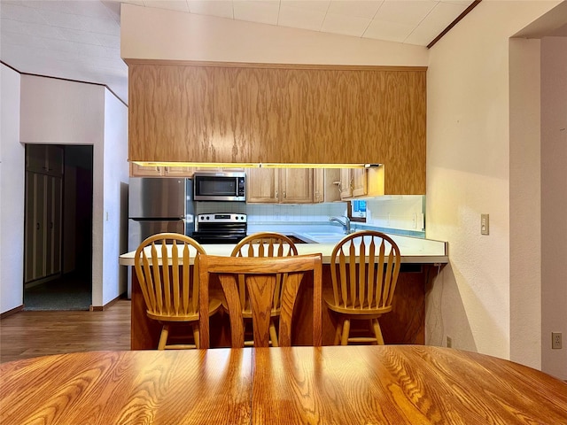 kitchen featuring lofted ceiling, tasteful backsplash, stainless steel appliances, and a kitchen bar