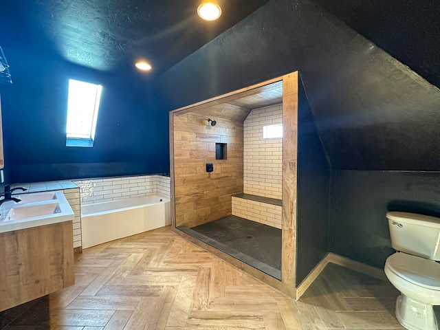 full bathroom featuring plenty of natural light, shower with separate bathtub, toilet, and parquet flooring