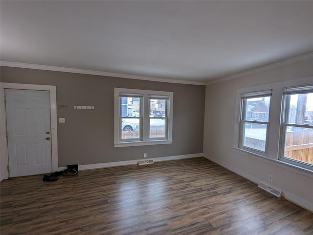 interior space featuring crown molding, plenty of natural light, and dark hardwood / wood-style floors