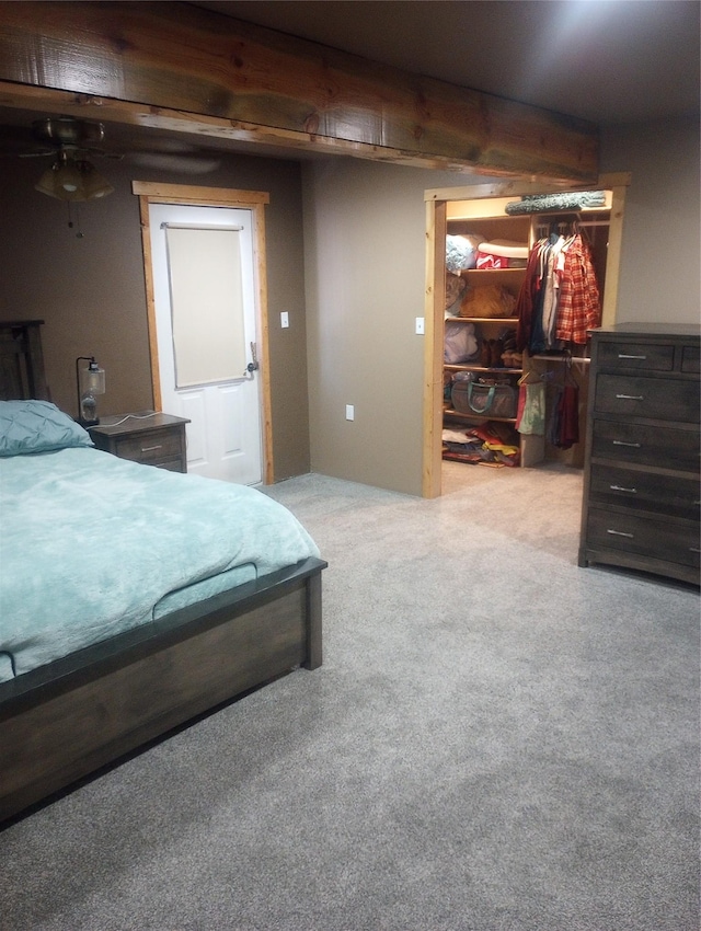 bedroom with a walk in closet, a closet, and carpet flooring