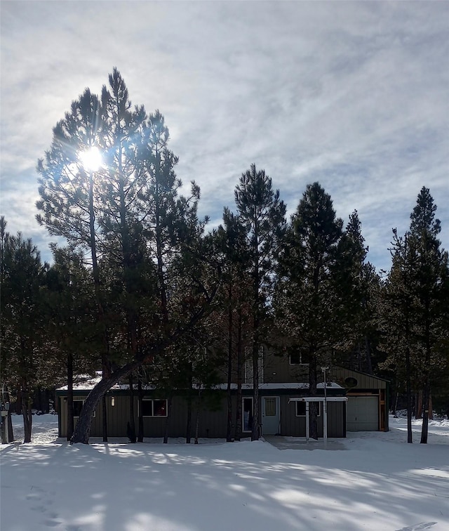 view of property hidden behind natural elements featuring a garage