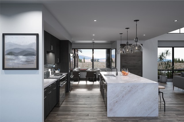 kitchen with pendant lighting, sink, a kitchen island with sink, a kitchen breakfast bar, and premium appliances