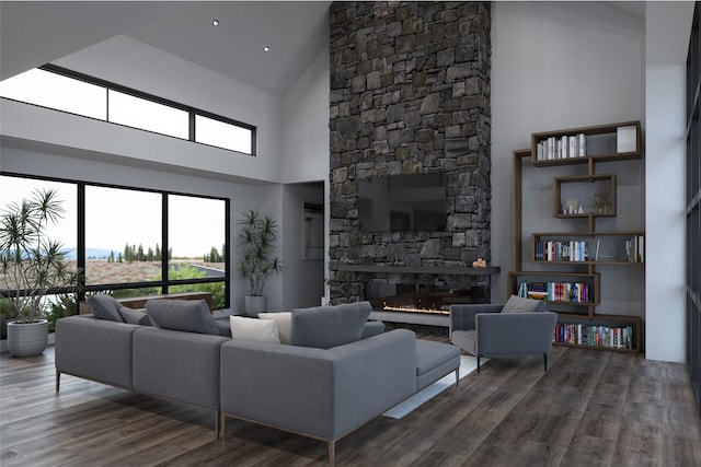 living room with wood-type flooring, a fireplace, and high vaulted ceiling