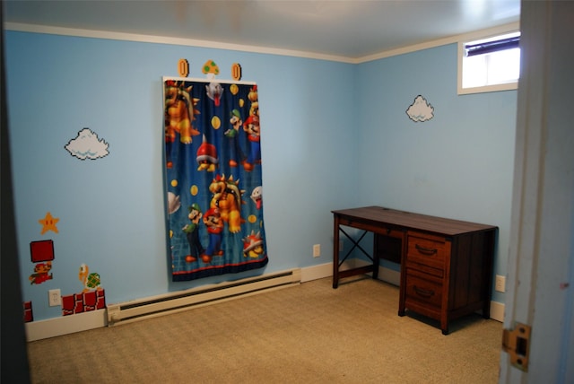 interior space with a baseboard heating unit and ornamental molding