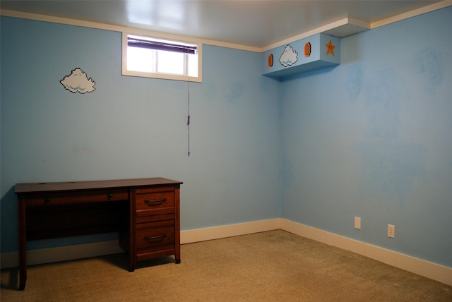 basement featuring light colored carpet