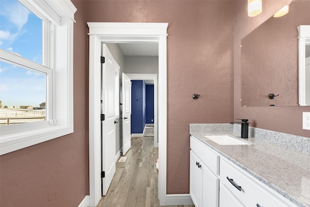 bathroom with vanity and hardwood / wood-style flooring