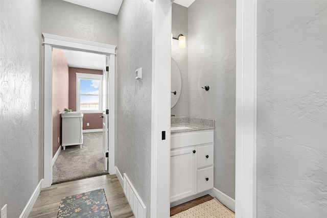 bathroom featuring vanity and hardwood / wood-style flooring