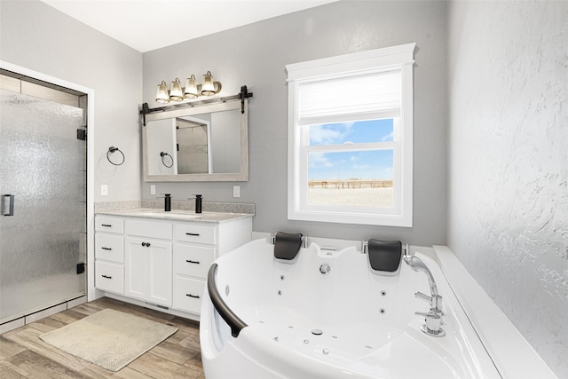 bathroom featuring hardwood / wood-style flooring, vanity, and independent shower and bath