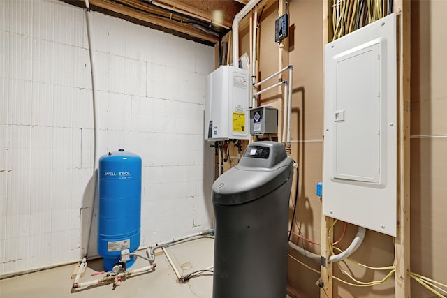 utilities featuring tankless water heater and electric panel