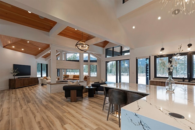 kitchen with light stone countertops, a healthy amount of sunlight, high vaulted ceiling, and light wood-type flooring