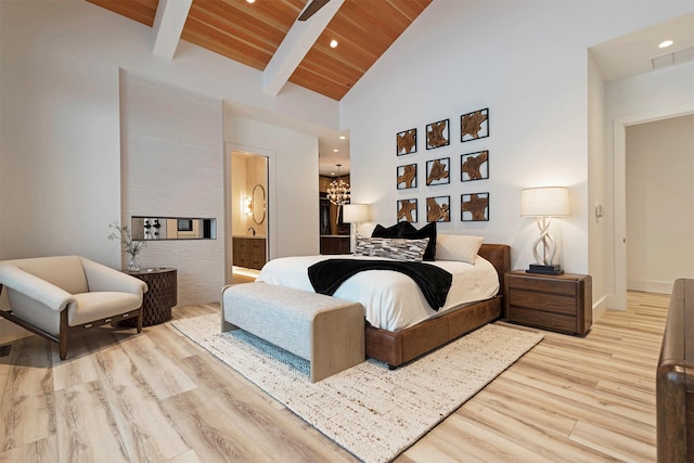 bedroom featuring connected bathroom, wood ceiling, high vaulted ceiling, beamed ceiling, and light hardwood / wood-style floors