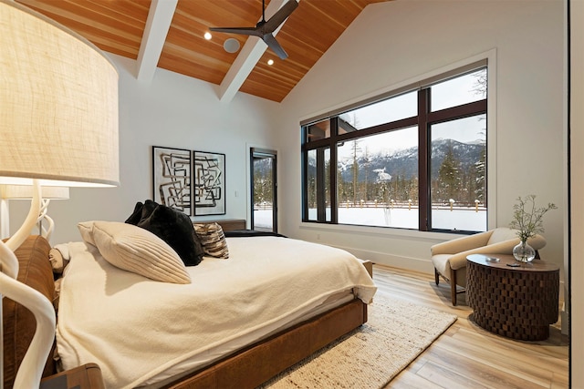 3900 Foothill Rd, Kalispell, MT 59901 - bedroom featuring wood ceiling with exposed beams, multiple windows, wood finished floors, access to outside, and a ceiling fan