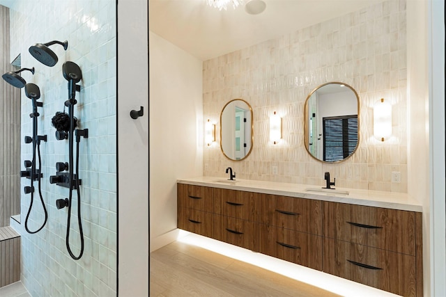 3900 Foothill Rd, Kalispell, MT 59901 - full bath with double vanity, tiled shower, and tasteful backsplash