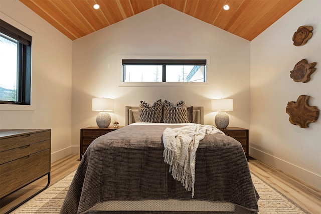 3900 Foothill Rd, Kalispell, MT 59901 - bedroom featuring vaulted ceiling, recessed lighting, wooden ceiling, light wood-style floors, and baseboards