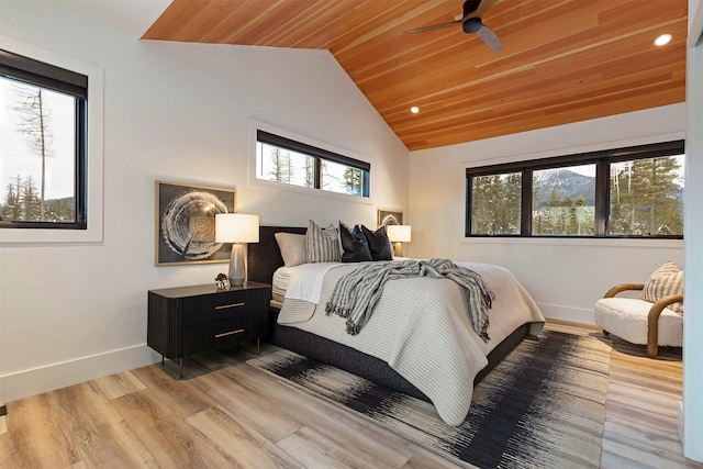 bedroom featuring lofted ceiling, wood ceiling, and light hardwood / wood-style flooring