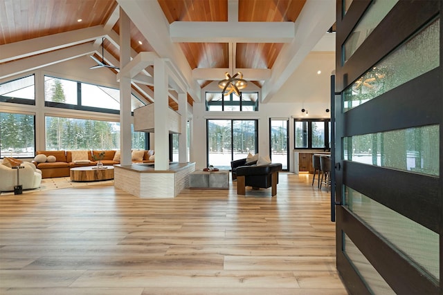 3900 Foothill Rd, Kalispell, MT 59901 - living room featuring high vaulted ceiling, light wood-style floors, wooden ceiling with exposed beams, a chandelier, and recessed lighting