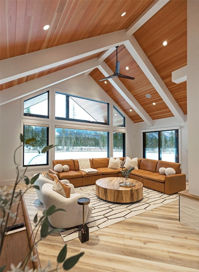 living room featuring wood-type flooring, beam ceiling, high vaulted ceiling, and wooden ceiling