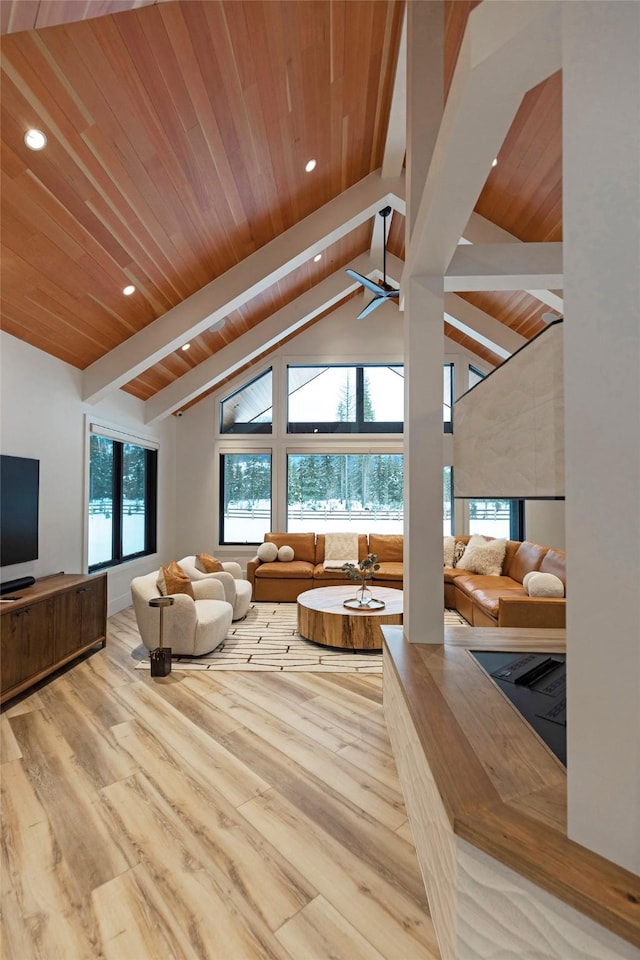 3900 Foothill Rd, Kalispell, MT 59901 - living room featuring wood ceiling with exposed beams, wood finished floors, ceiling fan, recessed lighting, and high vaulted ceiling